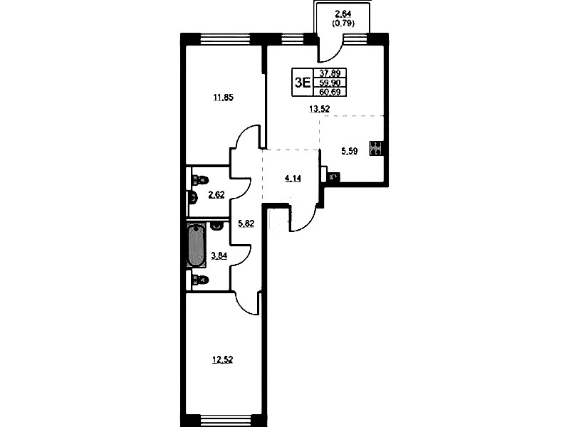2-комнатная квартира 60.69 м², 14/16 эт., ЖК «Живи! В Рыбацком»